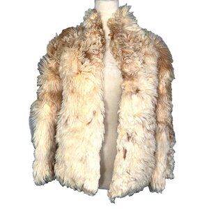 Vintage 1970s Shaggy Curly Cream And Brown Mongolian Lamb Sheep Fur Coat Jacket